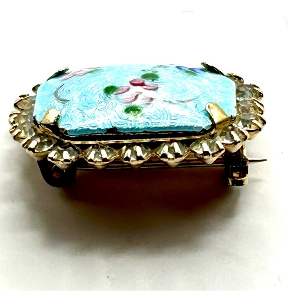 Vintage Guilloche Mid Century Rectangular Enamel Rhinestone Pin Blue Small 50’s - Picture 10 of 14